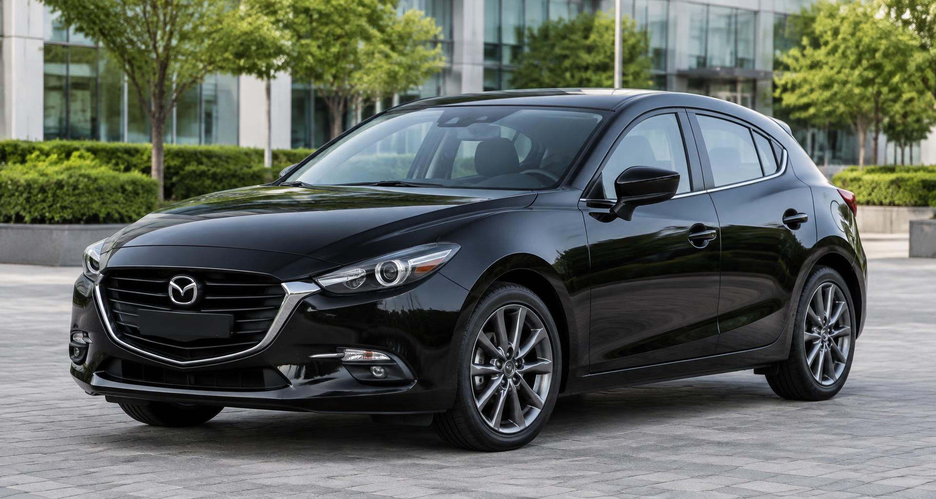 Featured black Mazda3-style hatchback in front of a modern building
